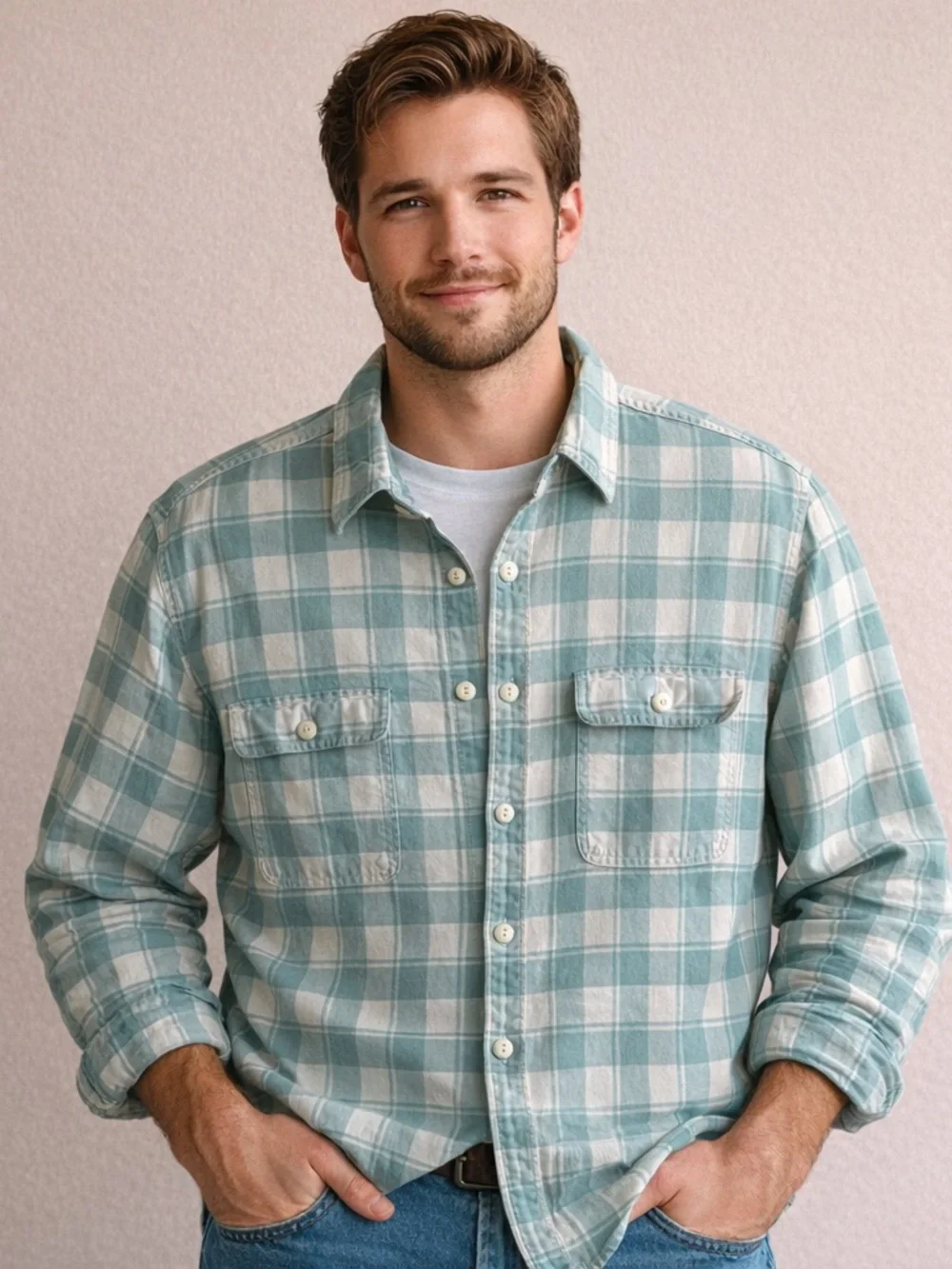 JCrew Men’s Medium Teal White Plaid Flannel Shirt Lightweight Cotton Button Down